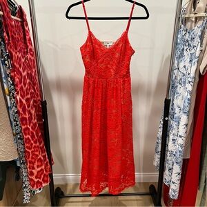 NSR Red Lace Spaghetti Strap Midi Dress